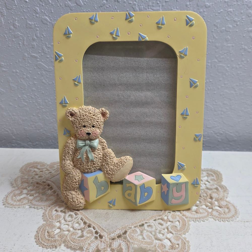 Fetco Teddy Bear Resin Baby Picture Frame 4x6 Yellow Nautical Sailboat 3D 506346